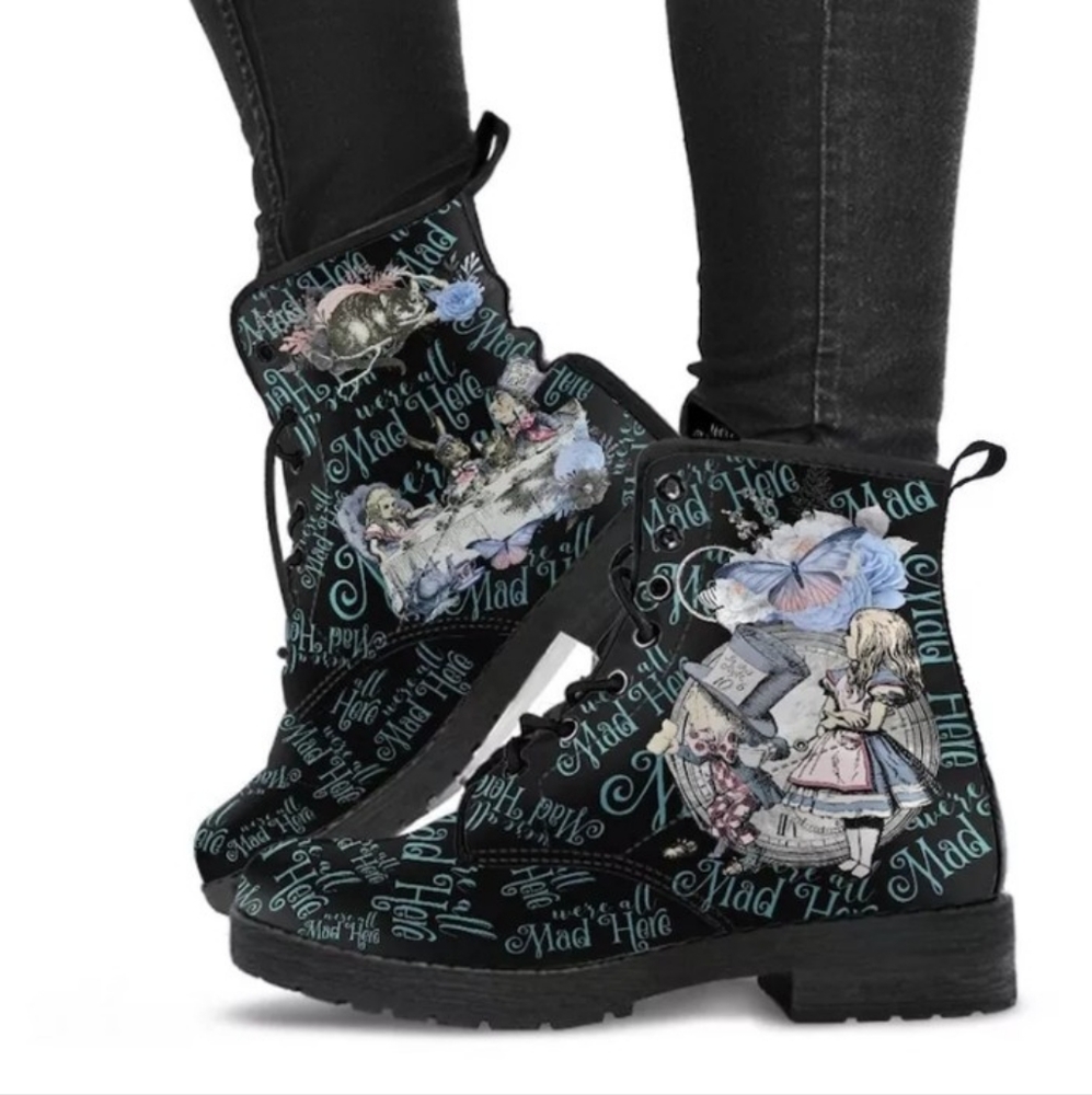 Black and Blue Alice in Wonderland Combat Boots Size 8